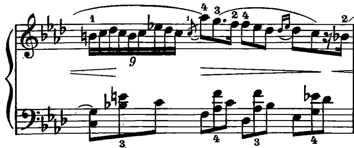 同じくショパンのノクターン10番より。左手の数字は連符ではなく指使いです。